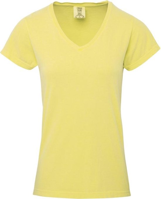 Basic V-hals t-shirt comfort colors gele voor dames - Dameskleding t-shirt gele L (40/52)