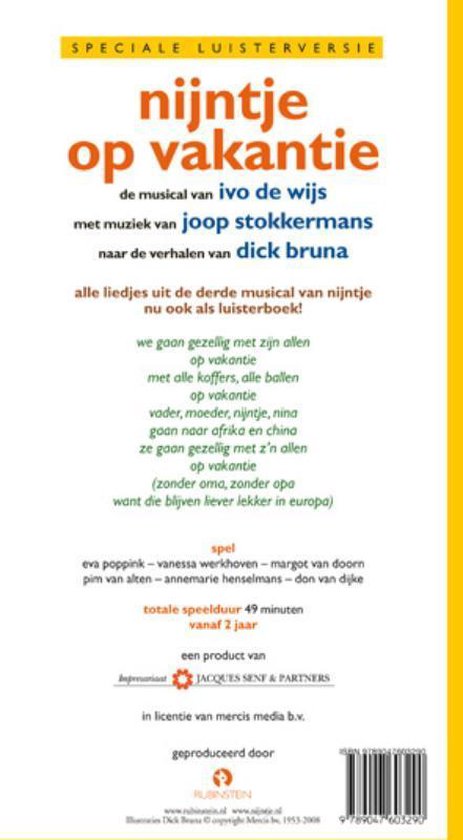 Boekhoes met tekst 'nijntje op vakantie' en liedjesteksten. Gele rand.