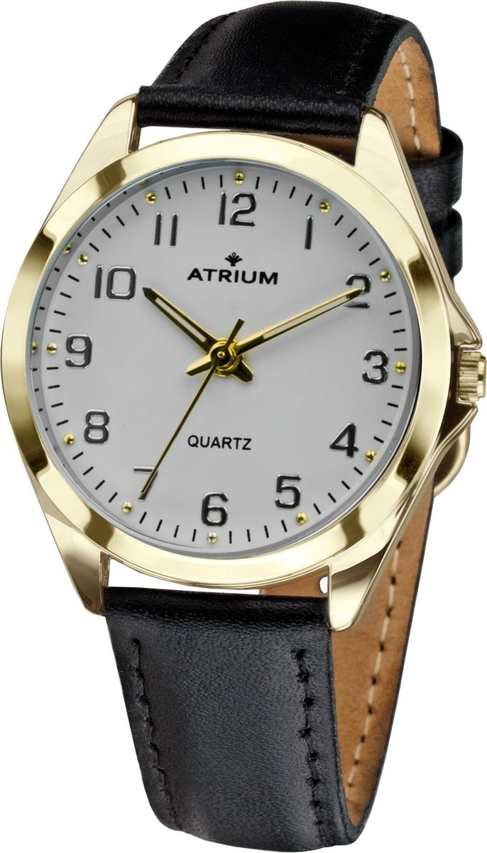 ATRIUM - Horloge - Dames - Goud - Analoog - Leer Zwart - Lederen Bandje - Verstelbaar - Duidelijk - Quartz uurwerk- Edelstalen sluiting - A11-20