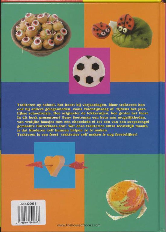 Boekomslag met vier afbeeldingen: schaal met gebakjes, lieveheersbeestjes, voetbal, hart met pijl, en een draaikolk.