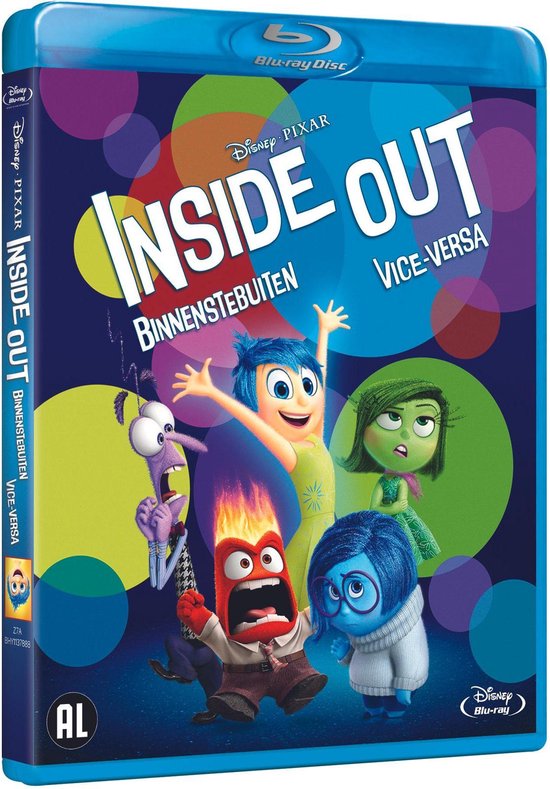 De Blu-ray cover van Inside Out (Binnenstebuiten) toont de vijf hoofdpersonages met gekleurde cirkels op de achtergrond.
