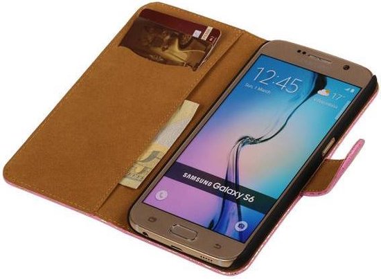 Étui de téléphone rose avec motif de dentelle, ouvert avec porte-cartes, pour Samsung Galaxy S6.