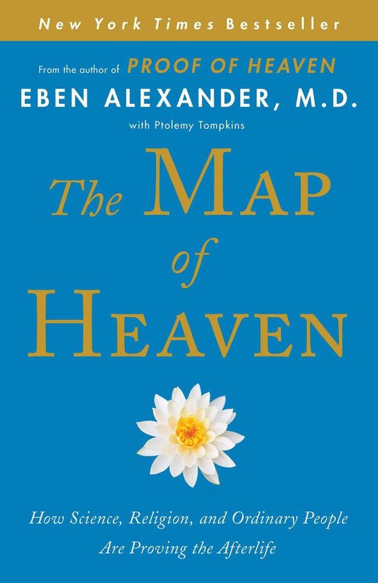 Boekcover: 'The Map of Heaven', een New York Times bestseller van Eben Alexander, M.D. met Ptolemy Tompkins. Met een lotusbloem.