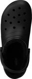 Bovenaanzicht van een zwarte gevoerde Crocs Clog met 'crocs comfort' logo.