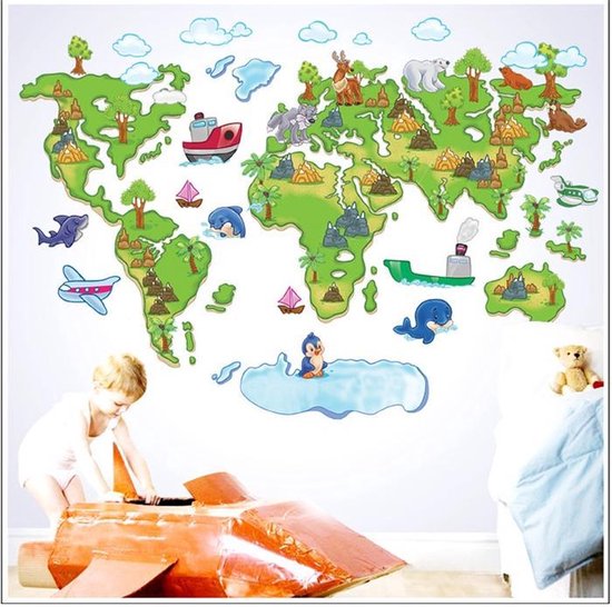 Stickers Carte du Monde Océans Continents et Animaux Enfants - 70