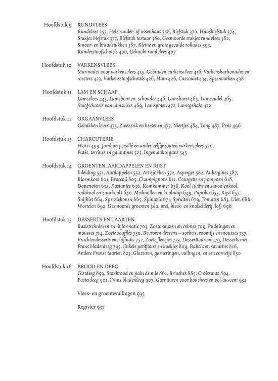 Lijst met hoofdstukken van een kookboek, inclusief vlees, vis en groenten.