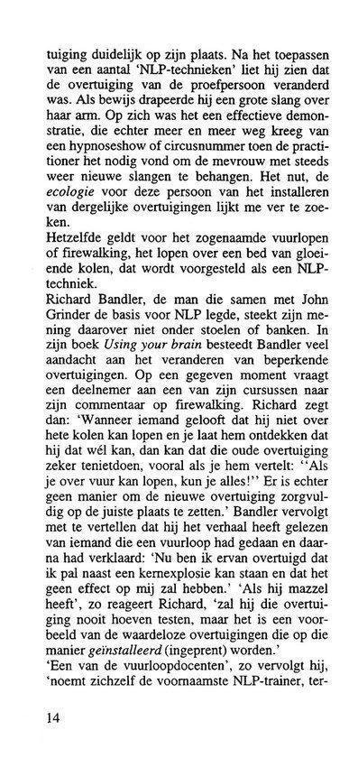Pagina 14 van het boek 'Het ABC van NLP', met tekst over vuurlopen en NLP.