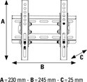 Afmetingen van een zwarte tv-beugel: A 230 mm, B 245 mm, C 25 mm.