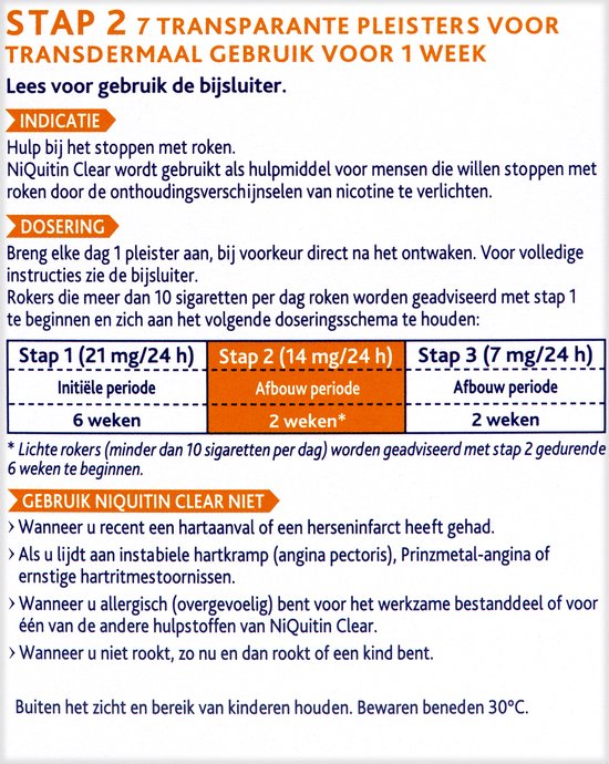 NiQuitin Clear Pleister Stap 2 - 14 mg/24 uur - Nicotinepleister - Stoppen met roken - 7 stuks