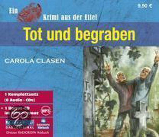 Boekomslag met de titel "Tot und begraben" van Carola Clasen. Twee mannen met armen omhoog.