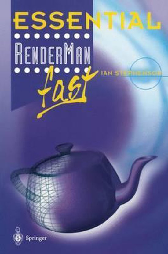 Boekcover 'Essential RenderMan Fast' met een paarse theepot met wireframe.