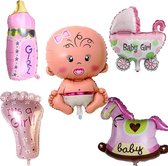 Roze folieballonnen set met een pasgeboren baby (meisje), wandelwagen, voetje, flesje en hobbelpaard - Babyshower ballonnen - geboorte decoratie