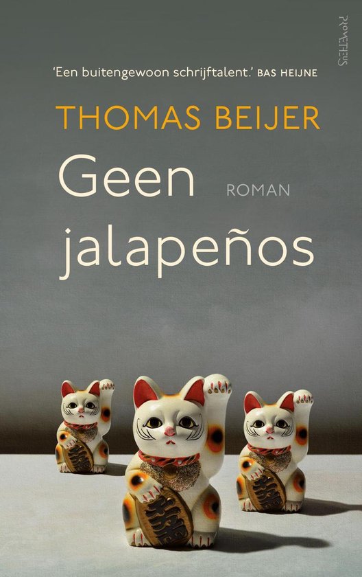 Boek kaft Thomas Beijer Geen Jalapeños, met drie maneki-neko katten