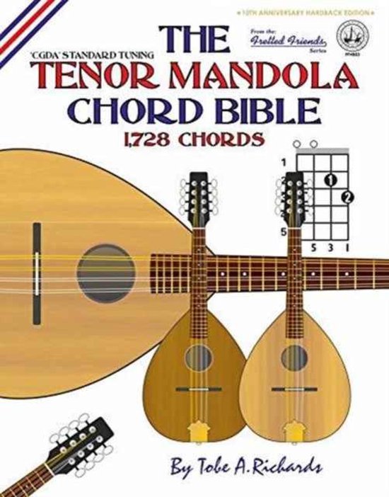 Boek: The Tenor Mandola Chord Bible, 1.728 akkoorden voor CGDA stemming. Met afbeeldingen van mandola's en akkoorddiagrammen.