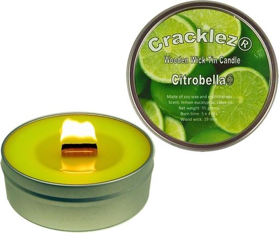 Cracklez® wooden wick Citronella Kaars in blik Citrobella®