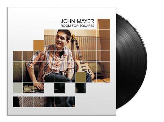 John Mayer's Room for Squares vinylplaat met een afbeelding van hem, zittend met gitaar.