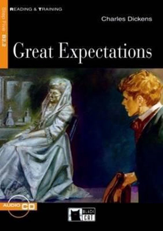 Boekomslag met de titel 'Great Expectations' door Charles Dickens, met een illustratie van een vrouw in een witte jurk en een jongeman.