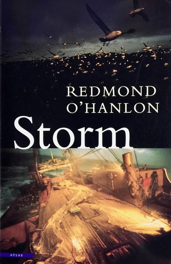 Boek kaft van 'Storm' door Redmond O'Hanlon, met een schip in zwaar weer en vogels.
