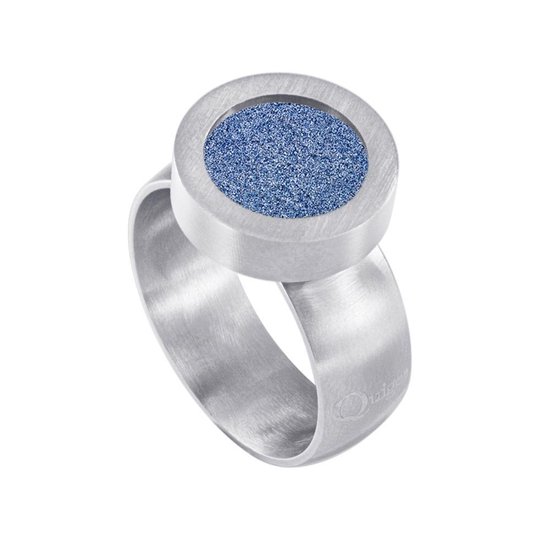 Quiges RVS Schroefsysteem Ring Zilverkleurig Mat 19mm met Verwisselbare Glitter Blauw 12mm Mini Munt
