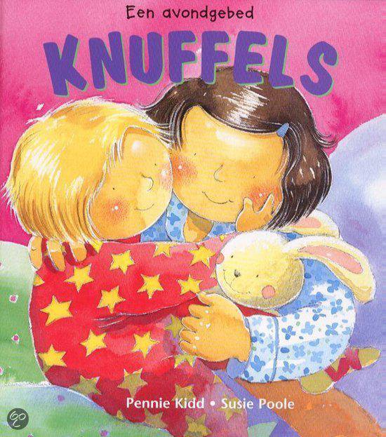 Een jongen met blond haar en een meisje met donker haar omhelzen een knuffelkonijn. Jongen draagt een pyjama met sterren, meisje draagt een pyjama met bloemen.