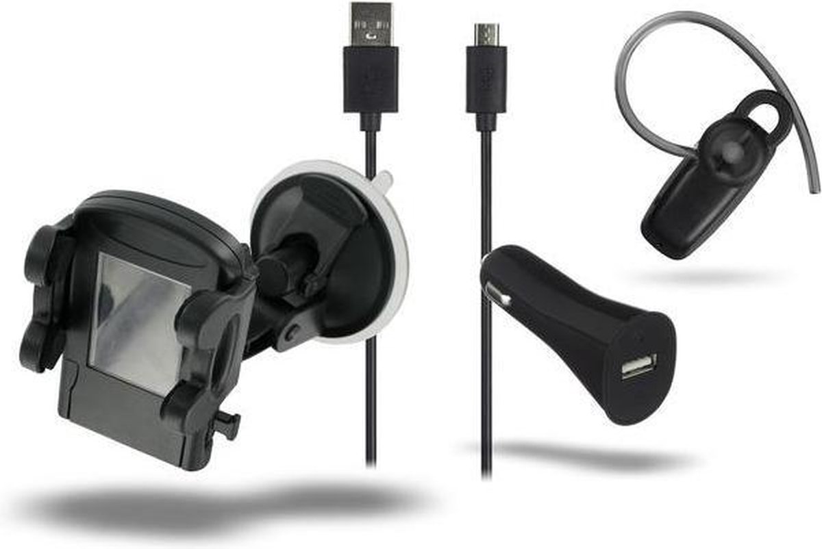 KIT Universal Drivers complete telefoon accessoire set voor in de auto - Autolader - Micro USB Telefoonkabel - Telefoonhouder - Bluetooth Headset
