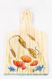 Houten snijplank met tekening van twee muizen, korenschoven en bloemen.