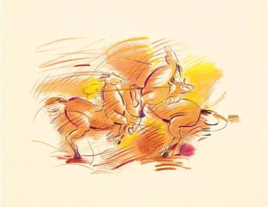 Schets van springende paarden in oranje en geeltinten op een crèmekleurige achtergrond.