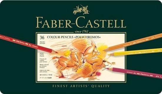 Faber-Castell 36 Polychromos kleurpotloden blik met paardenillustratie en potloden.