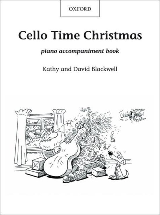 Livre d'accompagnement au piano Cello Time Christmas avec dessin en noir et blanc du Père Noël jouant du violoncelle.