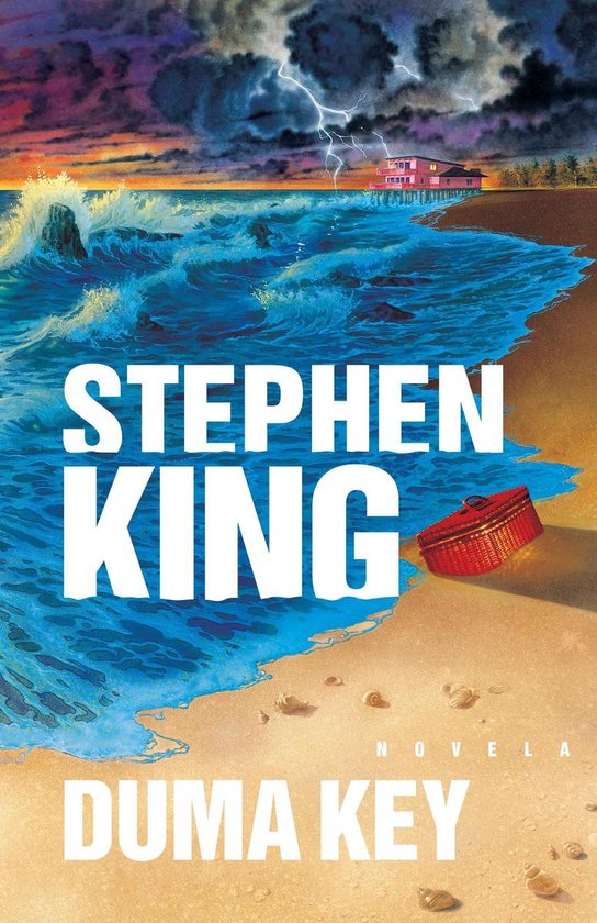 Boekomslag van 'Duma Key' door Stephen King. Een golvende zee spoelt aan op een zanderig strand, met een rood mandje in het zand. De lucht is donker met bliksem.