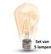 LED Kooldraadlamp Amber glas | ø = 64mm  L = 138mm | 2200K Warm Wit | E27 8W vervangt 55W | Set van 5 stuks