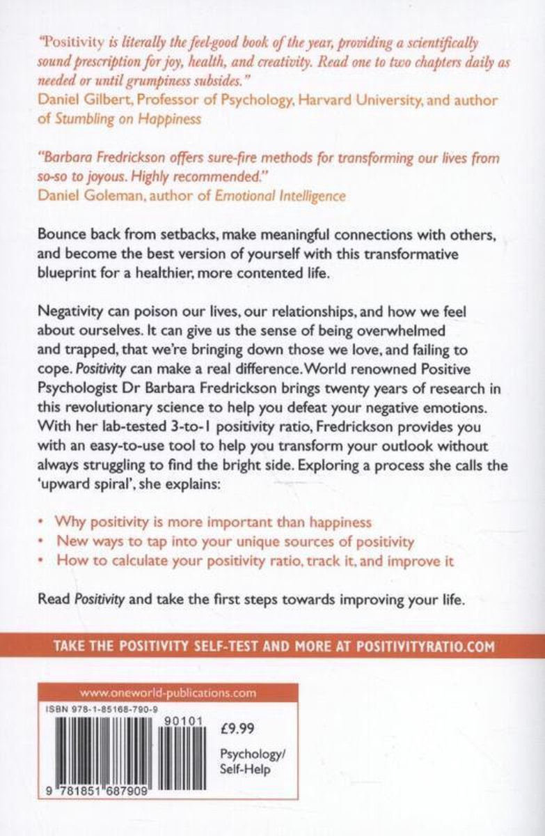 Achterkant van het boek 'Positivity' met citaten en beschrijving van de inhoud.