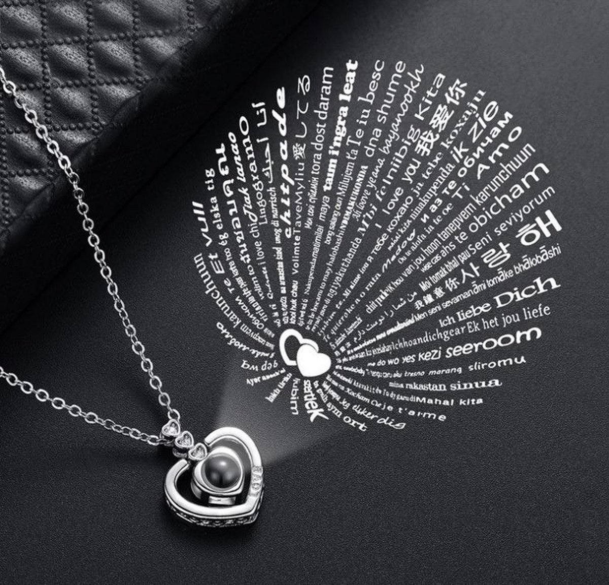 Zilveren Triple Diamanten Hart 100 Talen Ik Hou Van Je Ketting - Rose Goud Ketting - Geliefde Kettin