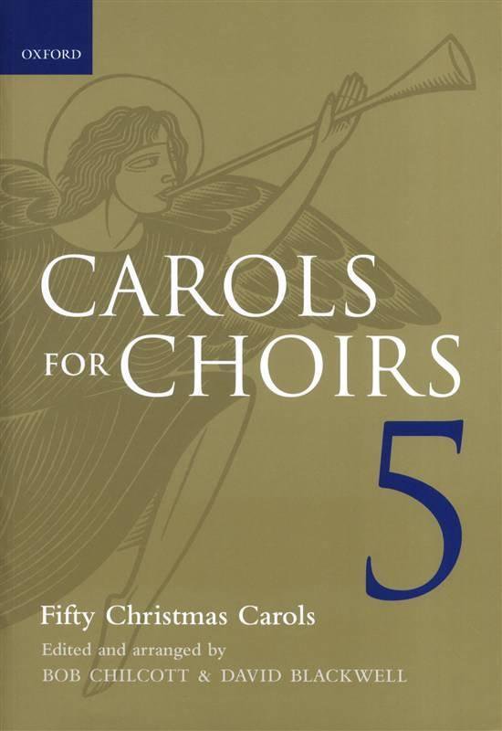 Boekomslag van "Carols for Choirs 5", met een gouden achtergrond en een illustratie van een engel met een bazuin. Tekst in witte en blauwe letters.