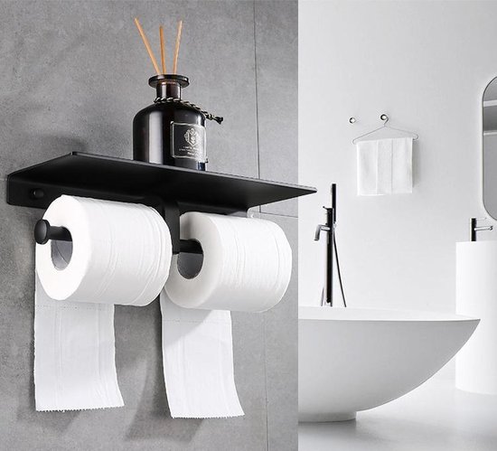 Bekwaam herfst pint Dubbele toiletrolhouder met telefoonplankje zwart | Toiletrolhouder voor 2  rollen wc... | bol.com