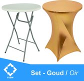 Statafel x 1 + Goud Statafelrok x 1 – 80 cm Dia x 110 cm hoog – Cocktailtafel – Hoge staan tafel – Breed Blad – Inclusief Goud Statafelhoes – Staantafelrok Stretch Rok – Horeca Statafel Wit m