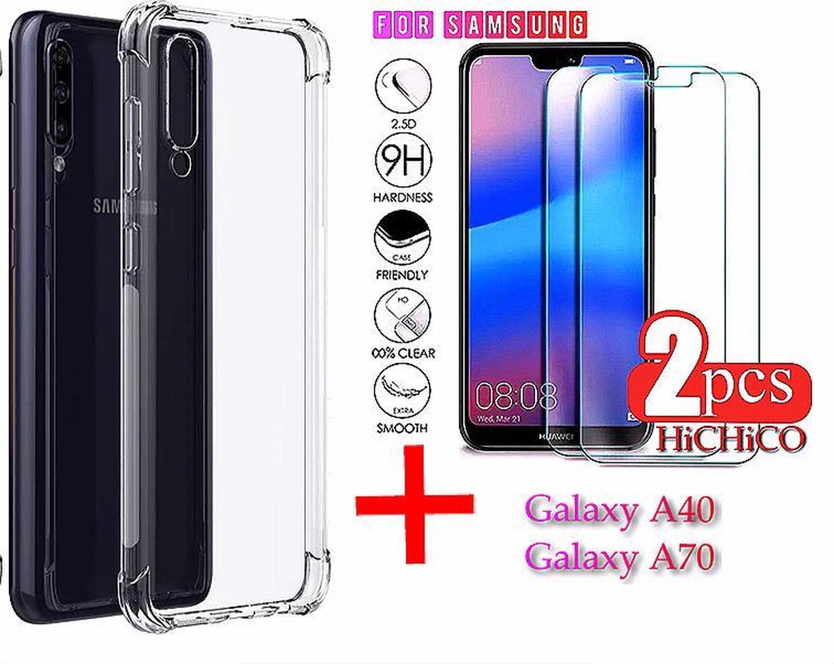 SAMSUNG A70 Hoes ShockProof Case Transparant (Siliconen TPU Soft ) + 2Pcs Screenprotector Tempered Glass 2.5D 9H 0.3mm - HiCHiCO
