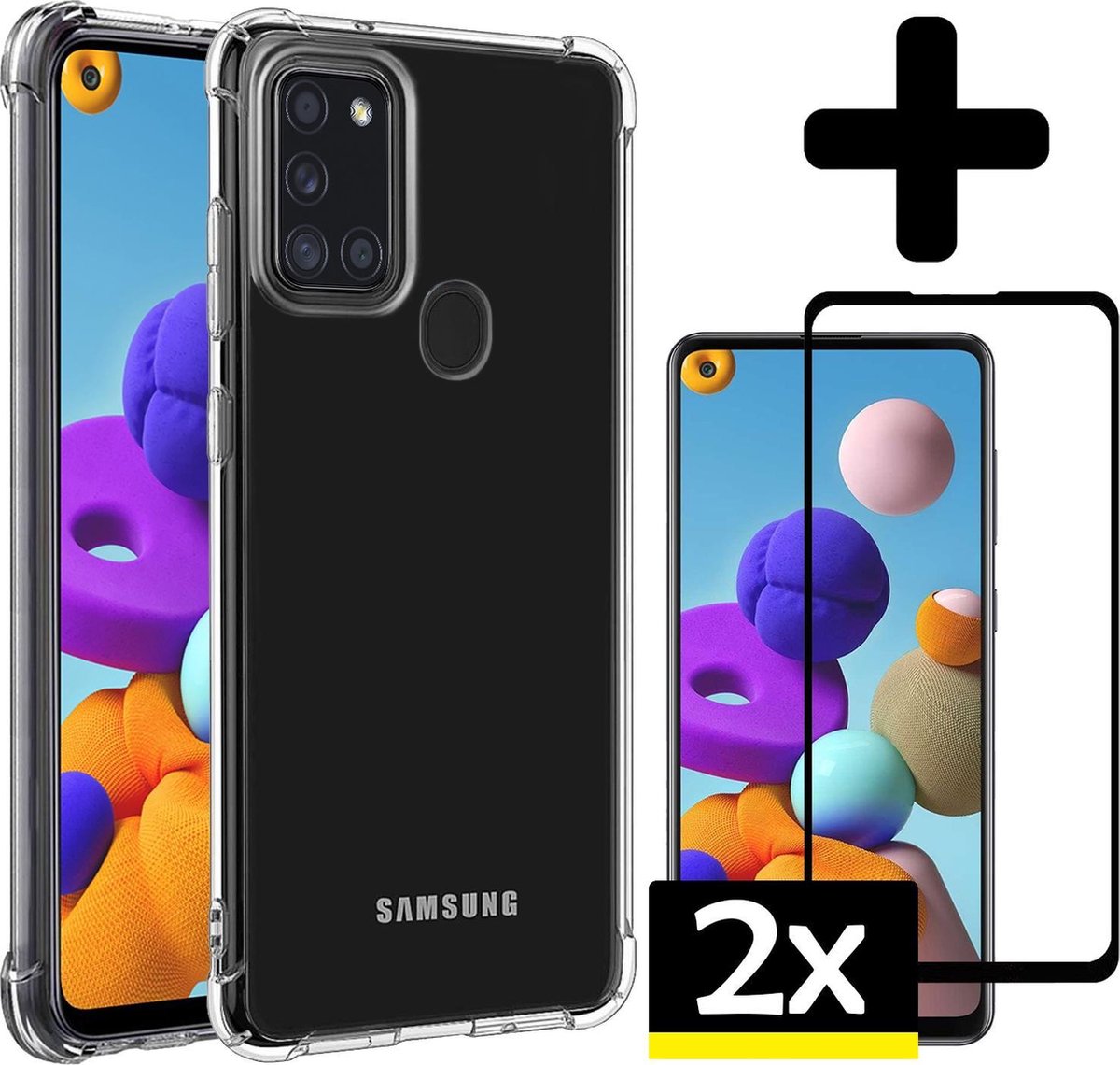 Hoesje - Met Screenprotector - 2 Stuks - Geschikt voor Samsung Galaxy A21s - Sterk & Shockproof - Siliconen Case - Back Cover - Telefoon Hoes - Shock Proof - Telefoonhoesjes - Transparant