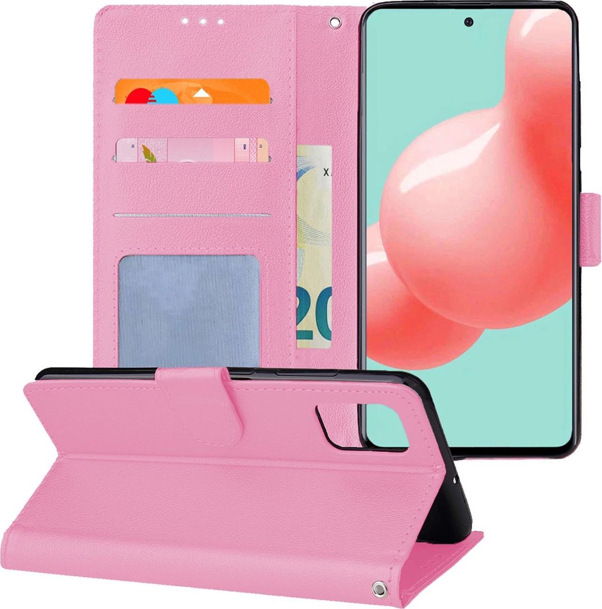 Hoesje - Met Pasjeshouder - Geschikt voor Samsung Galaxy A51 - Luxe Bookcase Portemonee - Flip Case - Kunstleer Book Case - Flipcase - Book Cover - Walletcase - Portemonneehoes - Telefoonhoesjes - Lichtroze