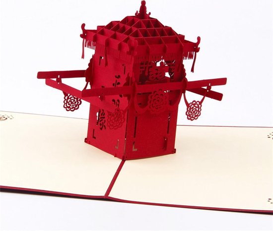 3D pop-up huwelijkskaart met oude Chinese klassiek rode draagstoel
