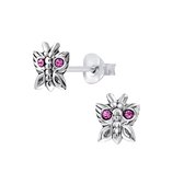 Joy|S - Zilveren vlinder oorbellen geoxideerd met roze kristal 7 x 8 mm