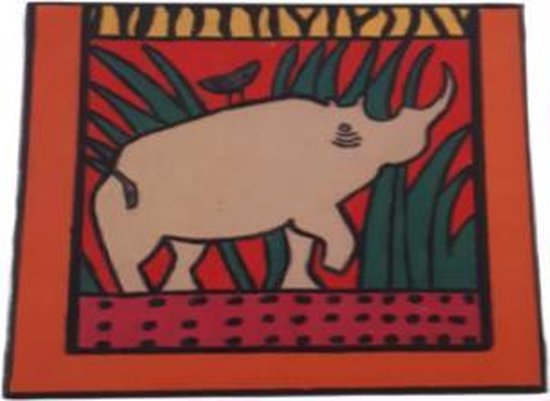 Jacqui's Arts & Designs - African design - Handbeschilderd tegel - beschilderd op stof - keramische tegel - oranje - rood - kinderkamer - Afrikaans geïnspireerd - kleurrijk - neushoorn