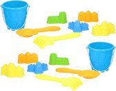 Set van 2x stuks strand/zandbak speelgoed blauwe emmertjes met vormpjes en schepjes - Zandbakspeeltjes - Strandspeelgoed