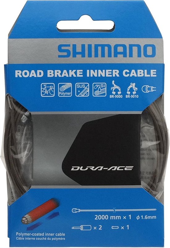 Shimano Road Brake Inner Cable verpakking met Dura-Ace logo. Kabel heeft polymer coating.
