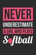 Never Underestimate A Girl Who Plays Softball - Softball Training Journal - Softball Notebook - Gift for Softball Player: Unruled Blank Journey Diary,