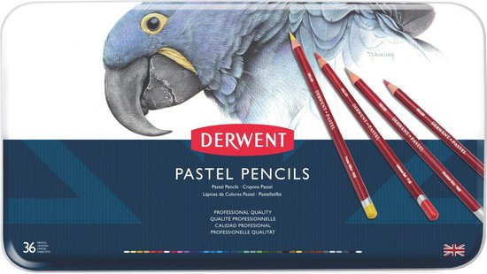 Derwent Pastel Pencils 36 stuks assortiment in blik met papegaai artwork.