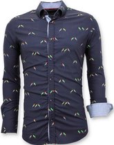 Luxe Italiaanse Heren Blouse - Digitale Vogel Print - 3049 - Blauw