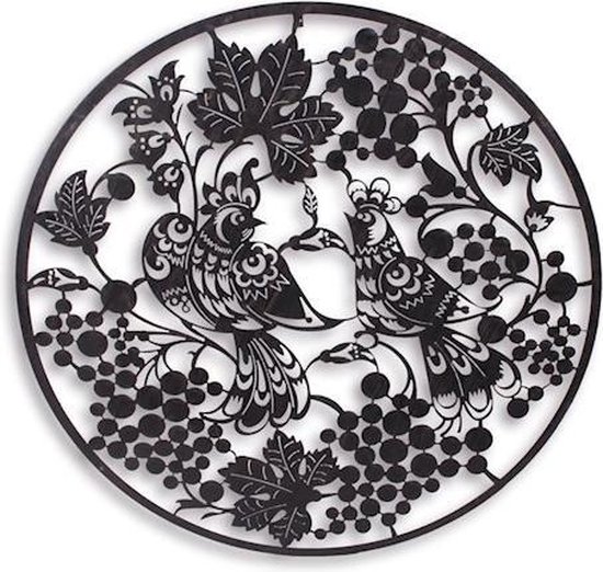 Wanddecoratie - Vogels en bladeren - Zwarte metalen decoratie - Diameter 93,9 cm