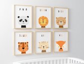 Baby cadeau jongen en meisje - Babykamer Posters - Set van 6 Dieren - A4 formaat 20x30 cm - Kinderposters - Geboorte - Babyshower - Wanddecoratie kinderkamer 1 jaar - 2 jaar - 3 ja