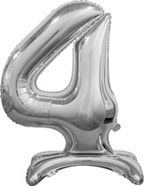 Folie ballon cijfer 4 zilver - met standaard - 76 cm